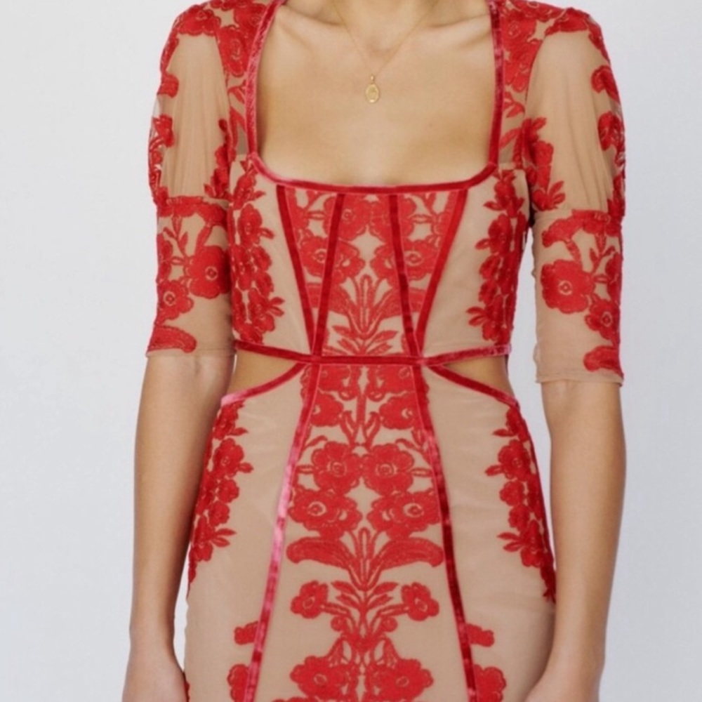 Free People Red and Nude Temecula Lace Velvet Mini Dress high quality